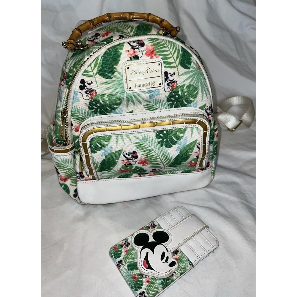 Disney Parks Loungefly Tropical Mickey & Minnie mouse Backpack & ID Wallet Set